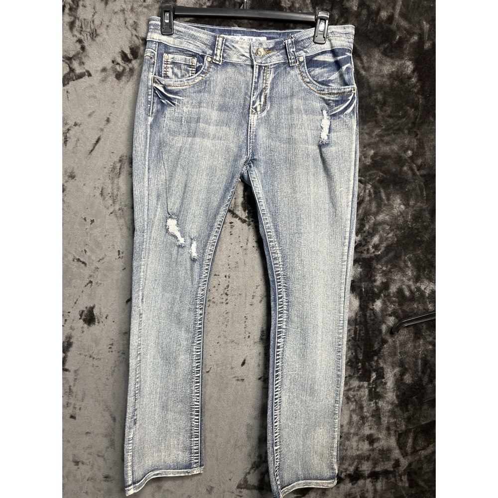 INC Women's Size 12 Bootcut‎ Distressed Stretch Denim Jeans Flap Pocket Blue